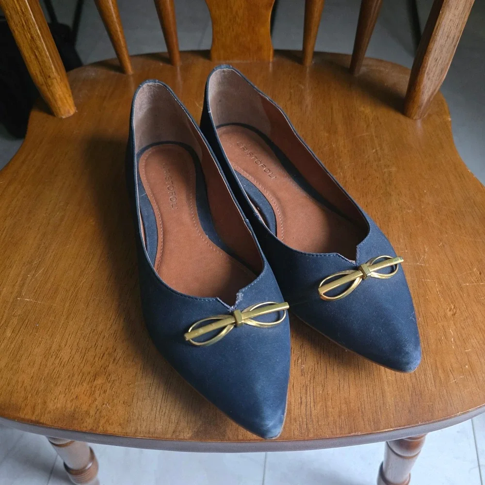 Cristofoli Navy Blue Suede Pointed Toe Ballet Flats Gold Bow Womens Size 8